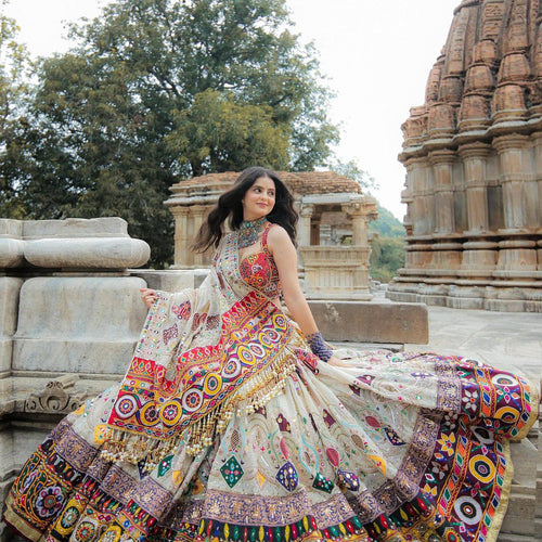Off White Color Digital Printed Muslin Cotton Navratri Lehenga Choli