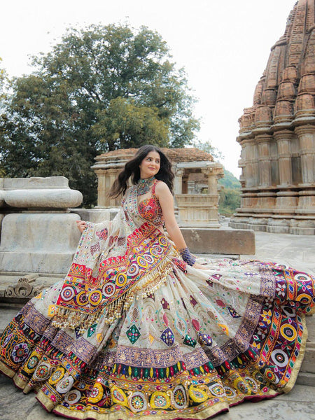 Off White Color Digital Printed Muslin Cotton Navratri Lehenga Choli