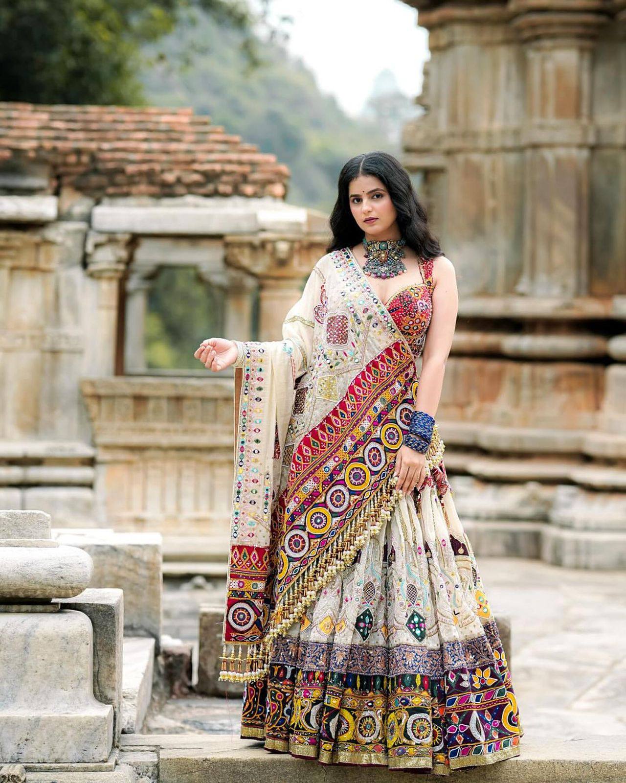 Off White Color Digital Printed Muslin Cotton Navratri Lehenga Choli