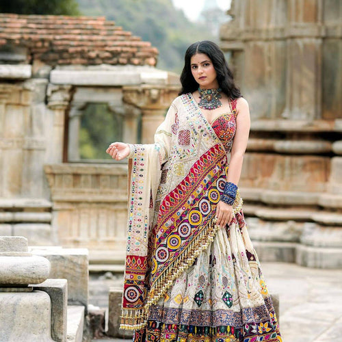 Off White Color Digital Printed Muslin Cotton Navratri Lehenga Choli