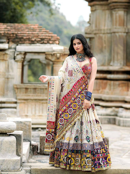 Off White Color Digital Printed Muslin Cotton Navratri Lehenga Choli