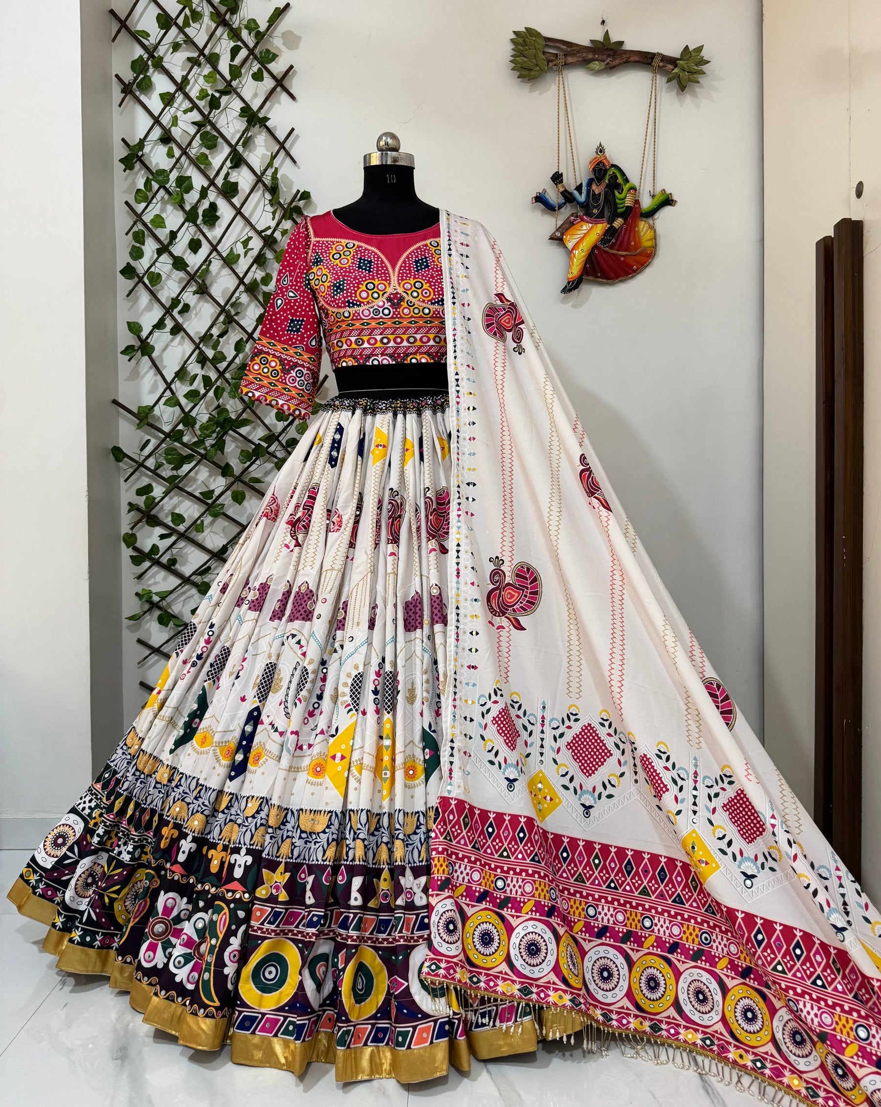 Off White Color Digital Printed Muslin Cotton Navratri Lehenga Choli