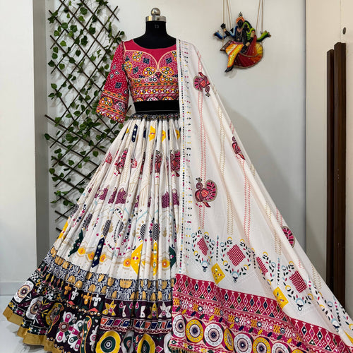 Off White Color Digital Printed Muslin Cotton Navratri Lehenga Choli