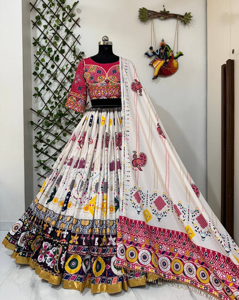Off White Color Digital Printed Muslin Cotton Navratri Lehenga Choli