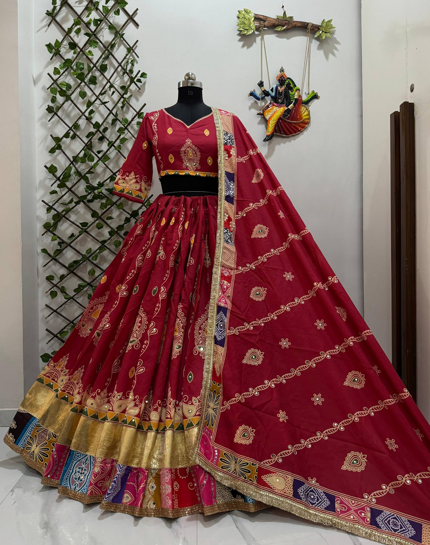 Red Color Digital Printed Muslin Cotton Navratri Lehenga Choli