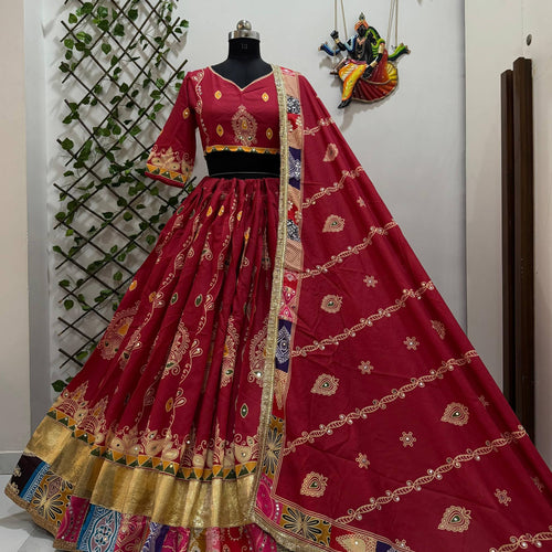 Red Color Digital Printed Muslin Cotton Navratri Lehenga Choli