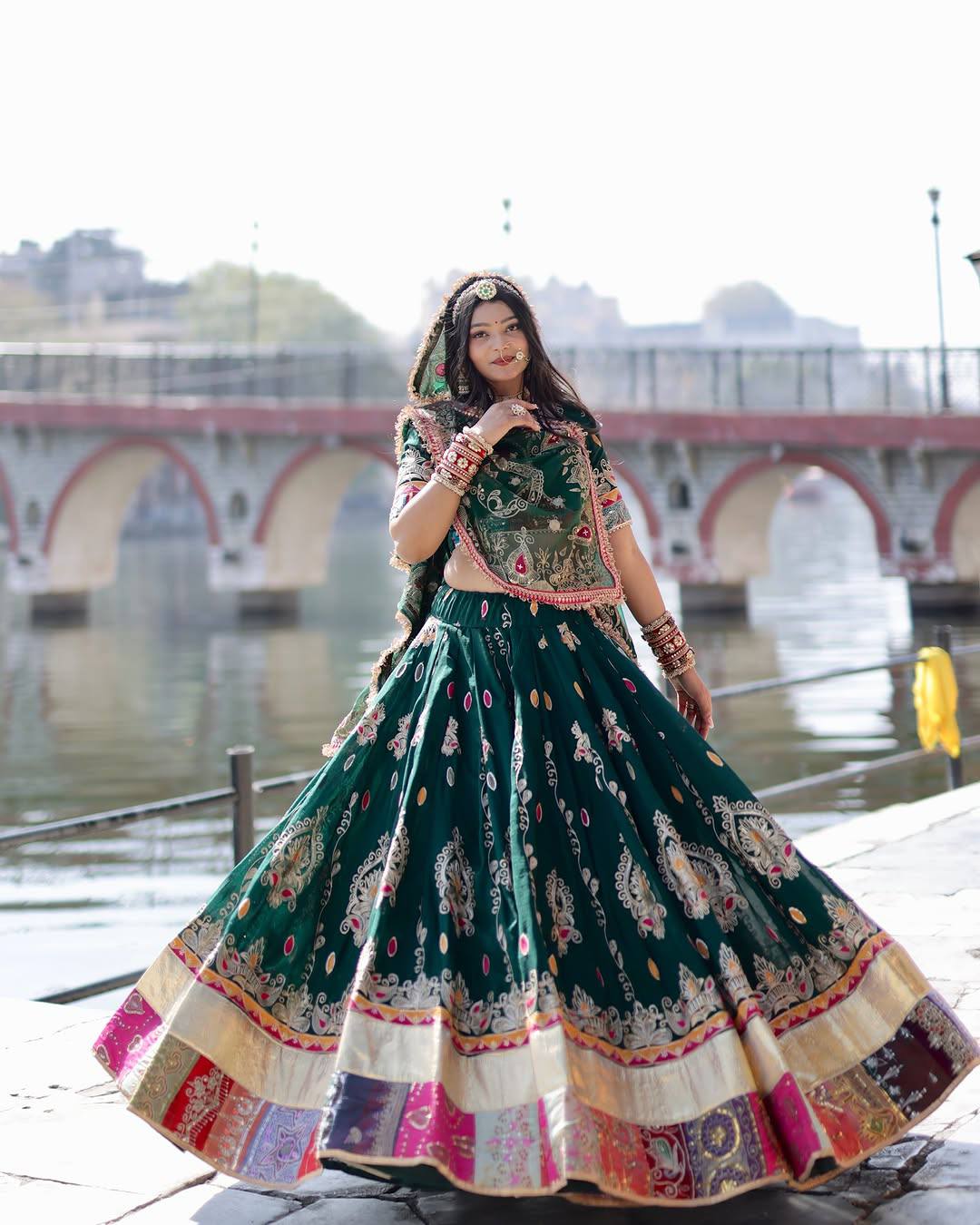 Green Color Digital Printed Muslin Cotton Navratri Lehenga Choli