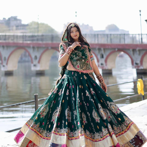 Green Color Digital Printed Muslin Cotton Navratri Lehenga Choli