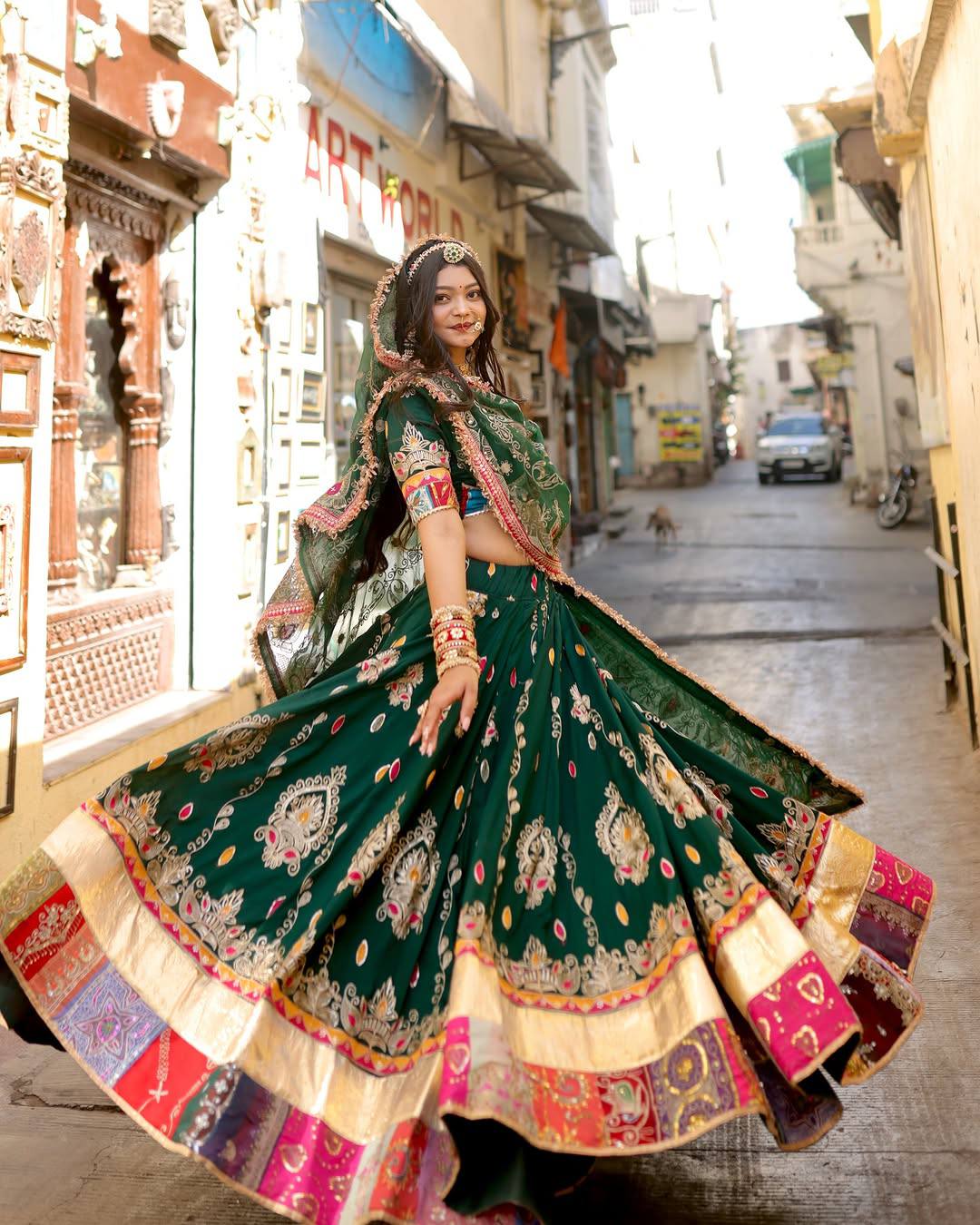 Green Color Digital Printed Muslin Cotton Navratri Lehenga Choli