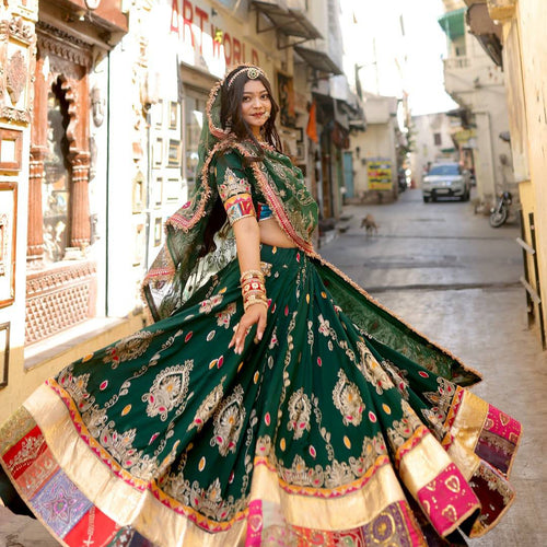 Green Color Digital Printed Muslin Cotton Navratri Lehenga Choli