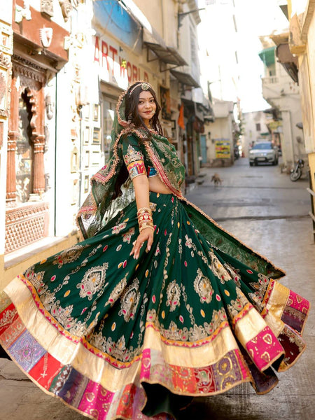 Green Color Digital Printed Muslin Cotton Navratri Lehenga Choli