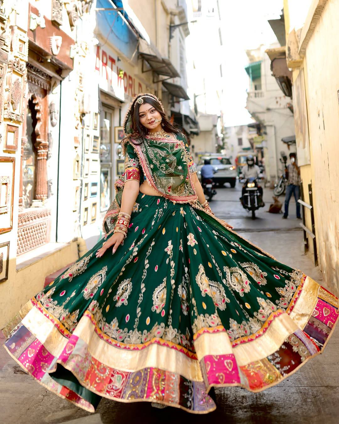 Green Color Digital Printed Muslin Cotton Navratri Lehenga Choli