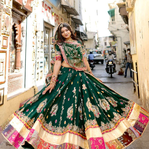 Green Color Digital Printed Muslin Cotton Navratri Lehenga Choli