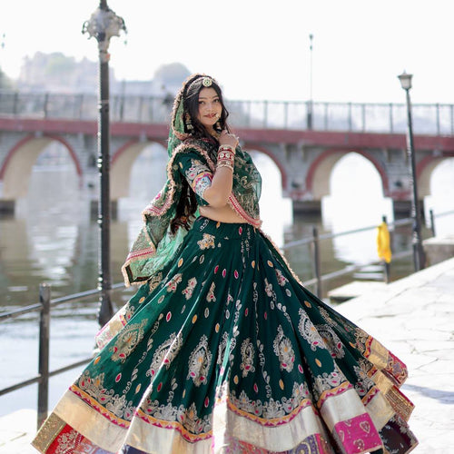 Green Color Digital Printed Muslin Cotton Navratri Lehenga Choli