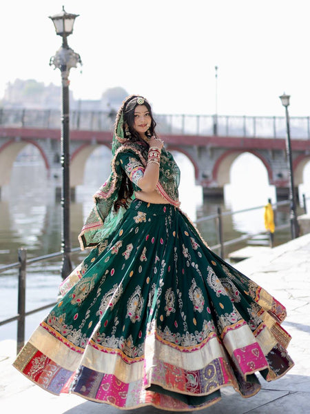 Green Color Digital Printed Muslin Cotton Navratri Lehenga Choli