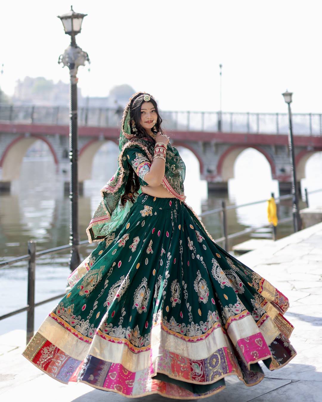 Green Color Digital Printed Muslin Cotton Navratri Lehenga Choli