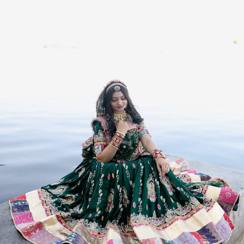 Green Color Digital Printed Muslin Cotton Navratri Lehenga Choli