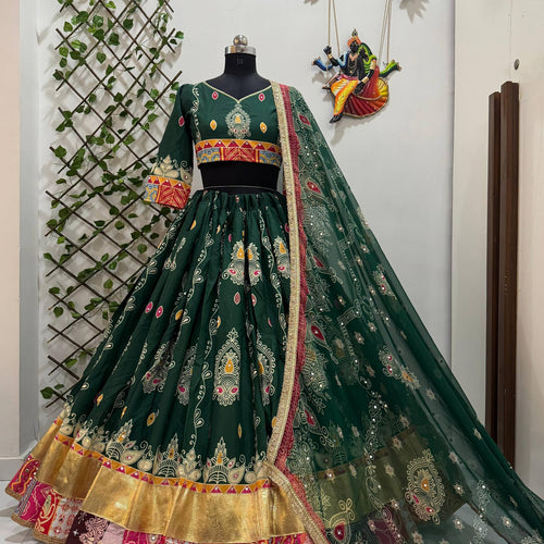 Green Color Digital Printed Muslin Cotton Navratri Lehenga Choli