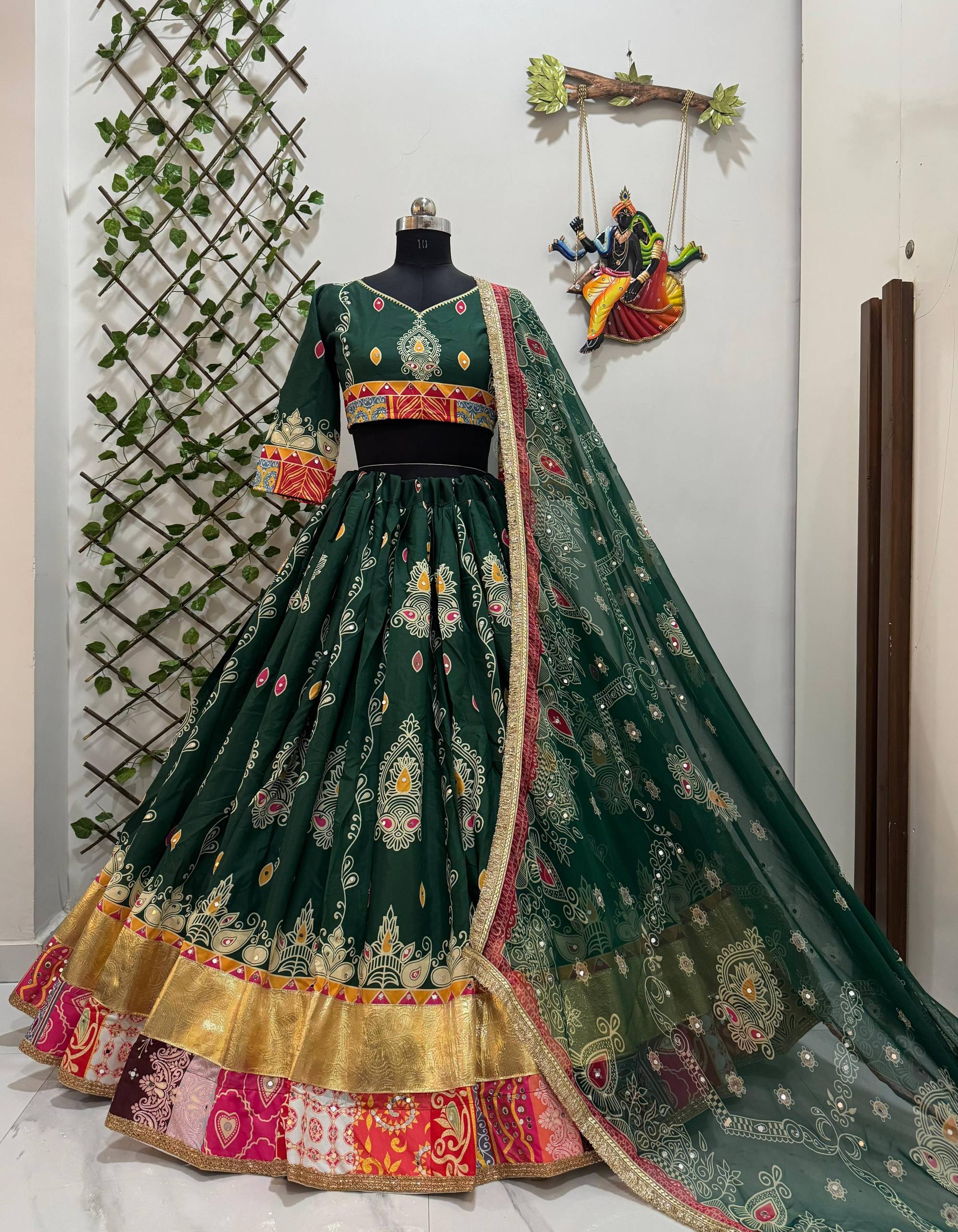 Green Color Digital Printed Muslin Cotton Navratri Lehenga Choli