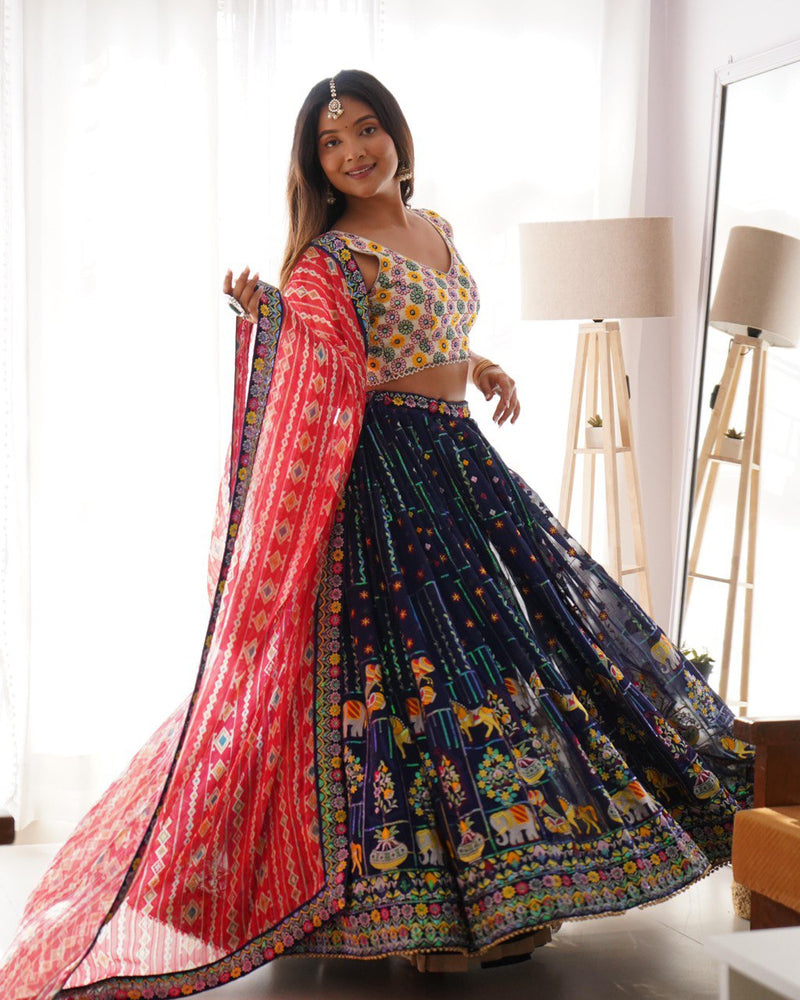 Navy Blue Color Heavy Thread with Sequins Work  Designer Lehenga Choli