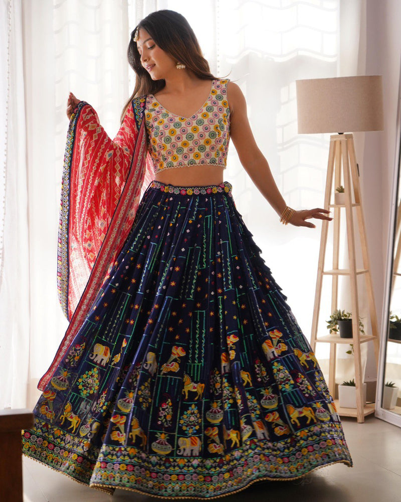 Navy Blue Color Heavy Thread with Sequins Work  Designer Lehenga Choli