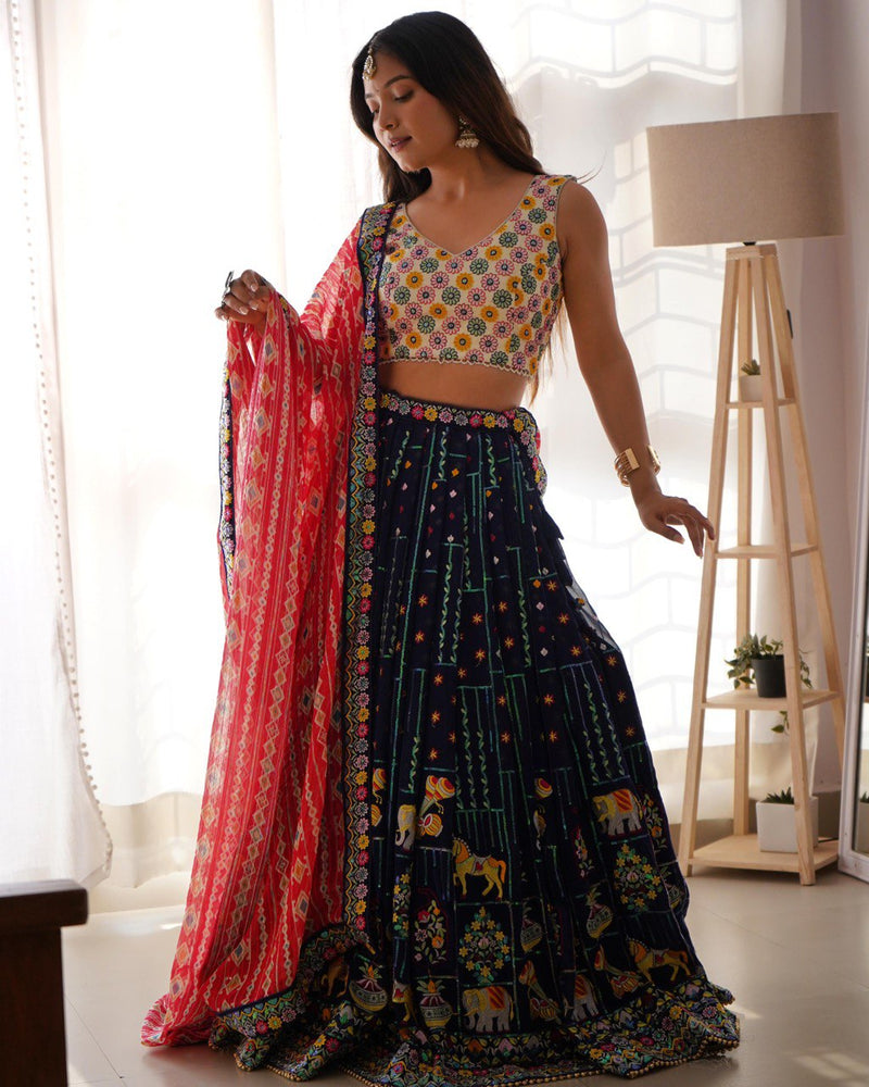 Navy Blue Color Heavy Thread with Sequins Work  Designer Lehenga Choli