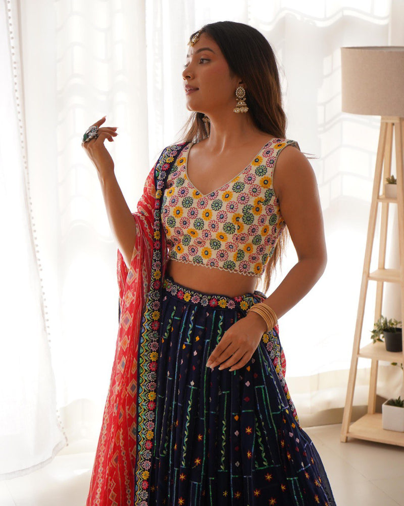Navy Blue Color Heavy Thread with Sequins Work  Designer Lehenga Choli