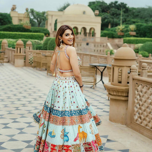 Sky-Blue Color Digital Printed Muslin Cotton Navratri Lehenga Choli