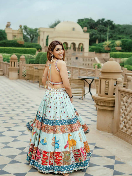 Sky-Blue Color Digital Printed Muslin Cotton Navratri Lehenga Choli