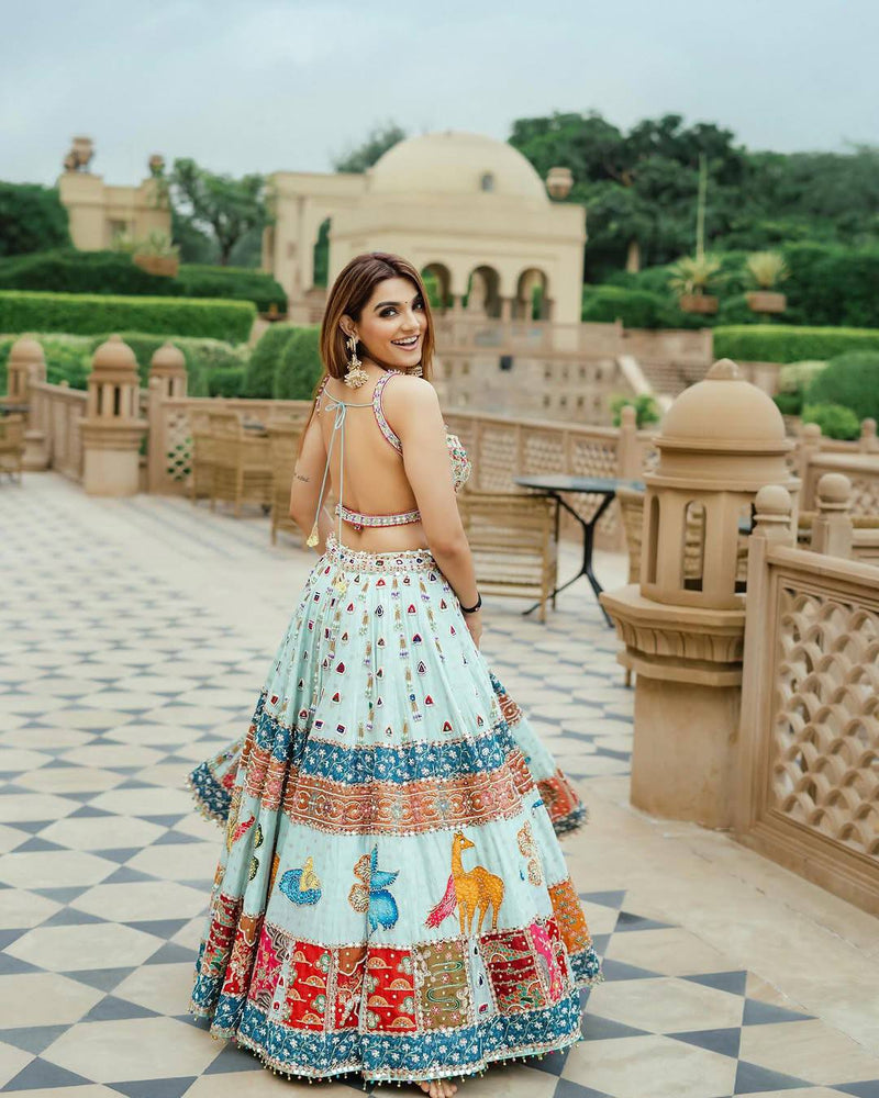 Sky-Blue Color Digital Printed Muslin Cotton Navratri Lehenga Choli