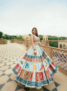 Sky-Blue Color Digital Printed Muslin Cotton Navratri Lehenga Choli