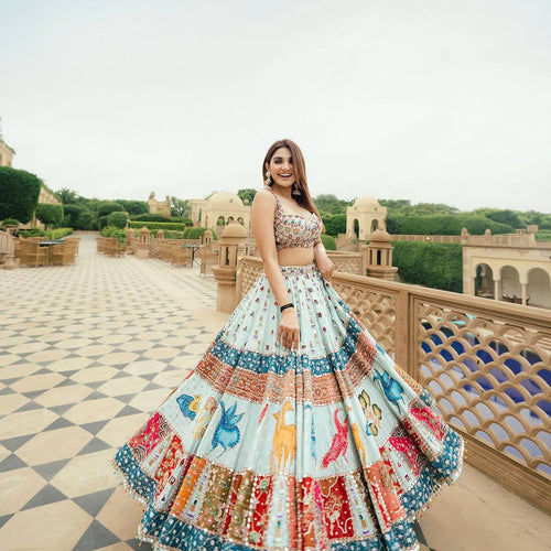 Sky-Blue Color Digital Printed Muslin Cotton Navratri Lehenga Choli