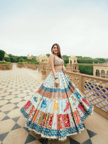 Sky-Blue Color Digital Printed Muslin Cotton Navratri Lehenga Choli