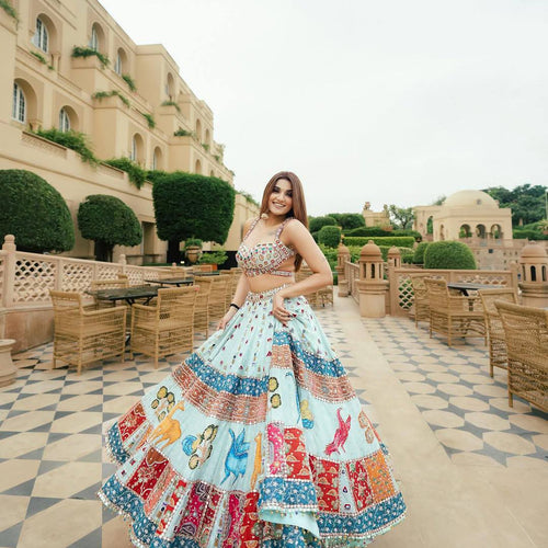 Sky-Blue Color Digital Printed Muslin Cotton Navratri Lehenga Choli