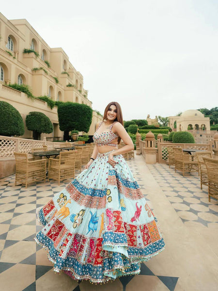 Sky-Blue Color Digital Printed Muslin Cotton Navratri Lehenga Choli