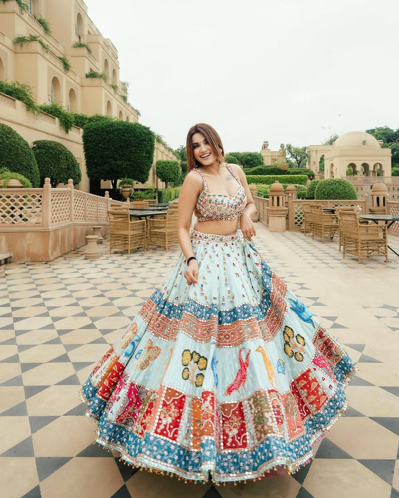 Sky-Blue Color Digital Printed Muslin Cotton Navratri Lehenga Choli