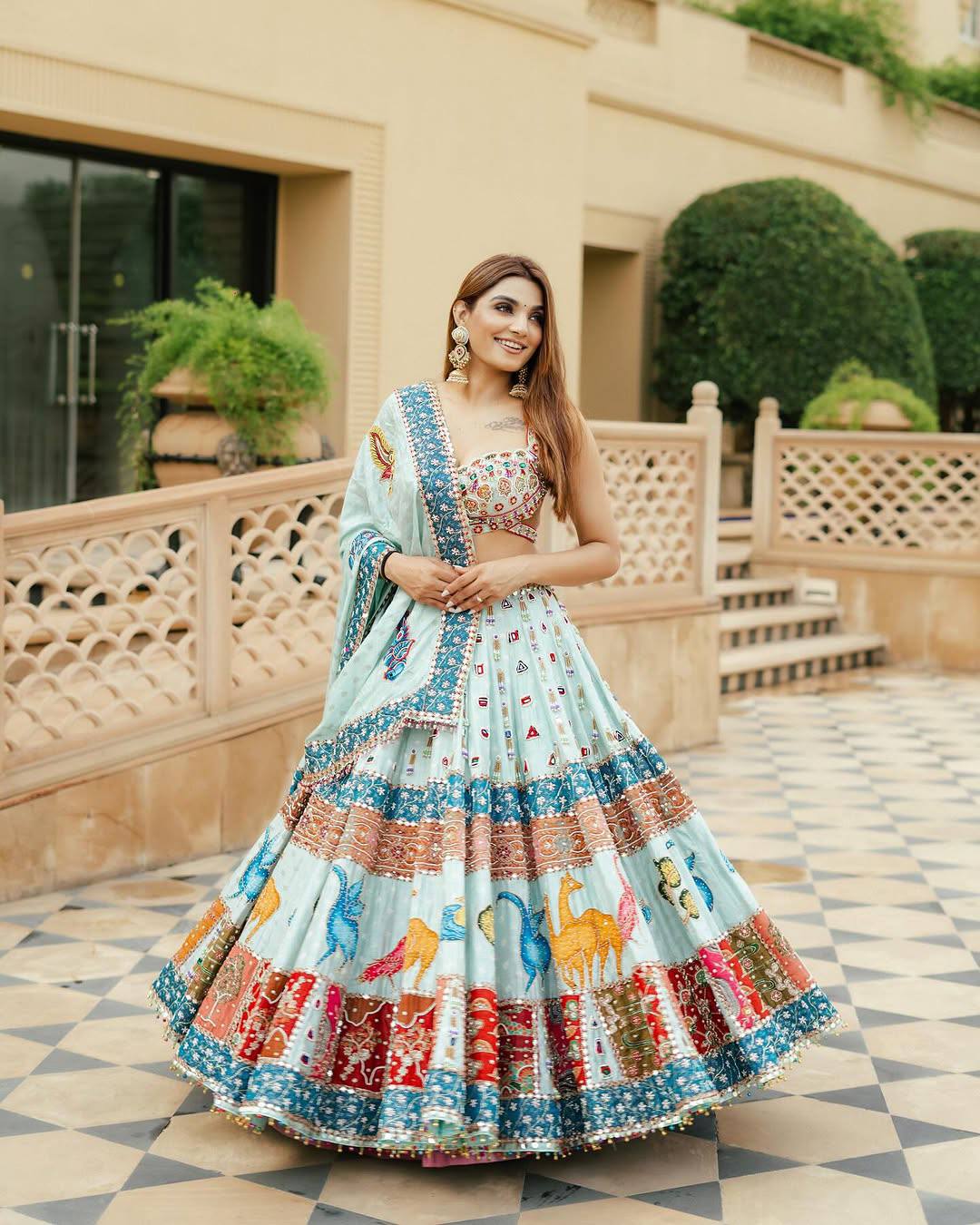Sky-Blue Color Digital Printed Muslin Cotton Navratri Lehenga Choli