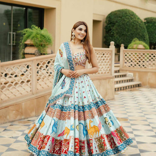 Sky-Blue Color Digital Printed Muslin Cotton Navratri Lehenga Choli