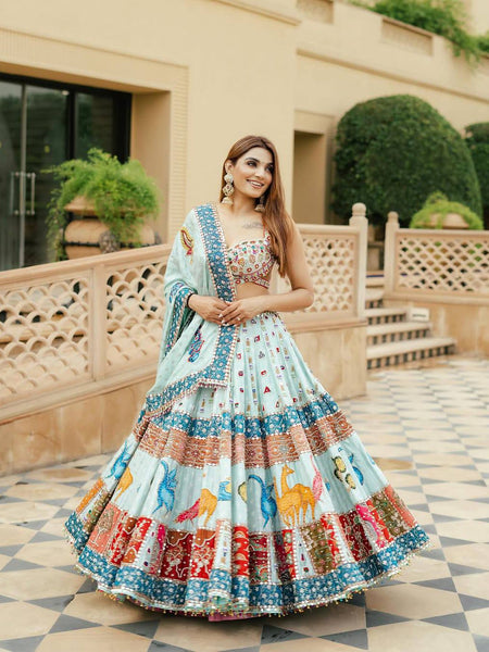 Sky-Blue Color Digital Printed Muslin Cotton Navratri Lehenga Choli