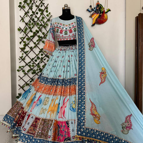 Sky-Blue Color Digital Printed Muslin Cotton Navratri Lehenga Choli
