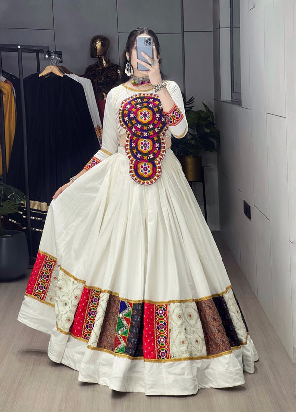 White Color Pure Rayon Cotton with Gamthi Work Navratri Lehenga Choli