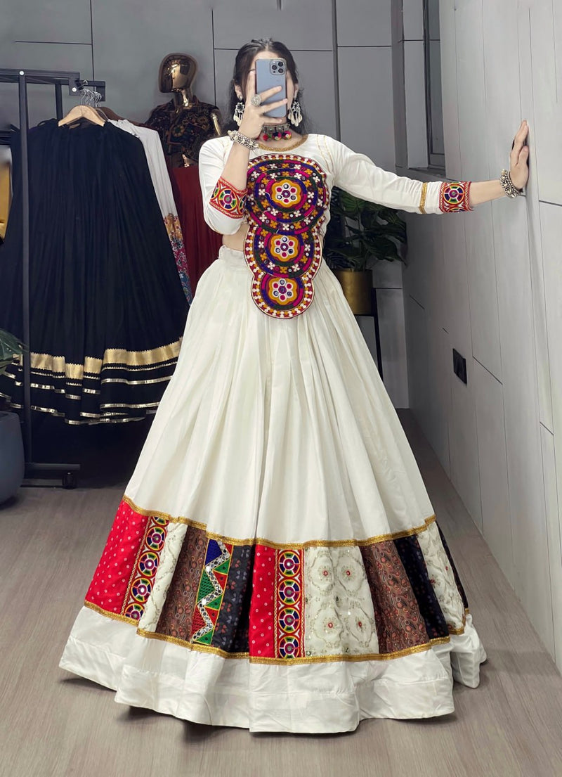 White Color Pure Rayon Cotton with Gamthi Work Navratri Lehenga Choli