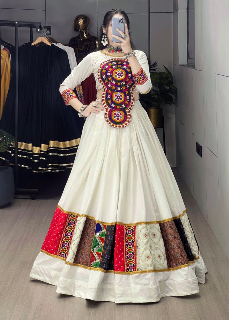 White Color Pure Rayon Cotton with Gamthi Work Navratri Lehenga Choli