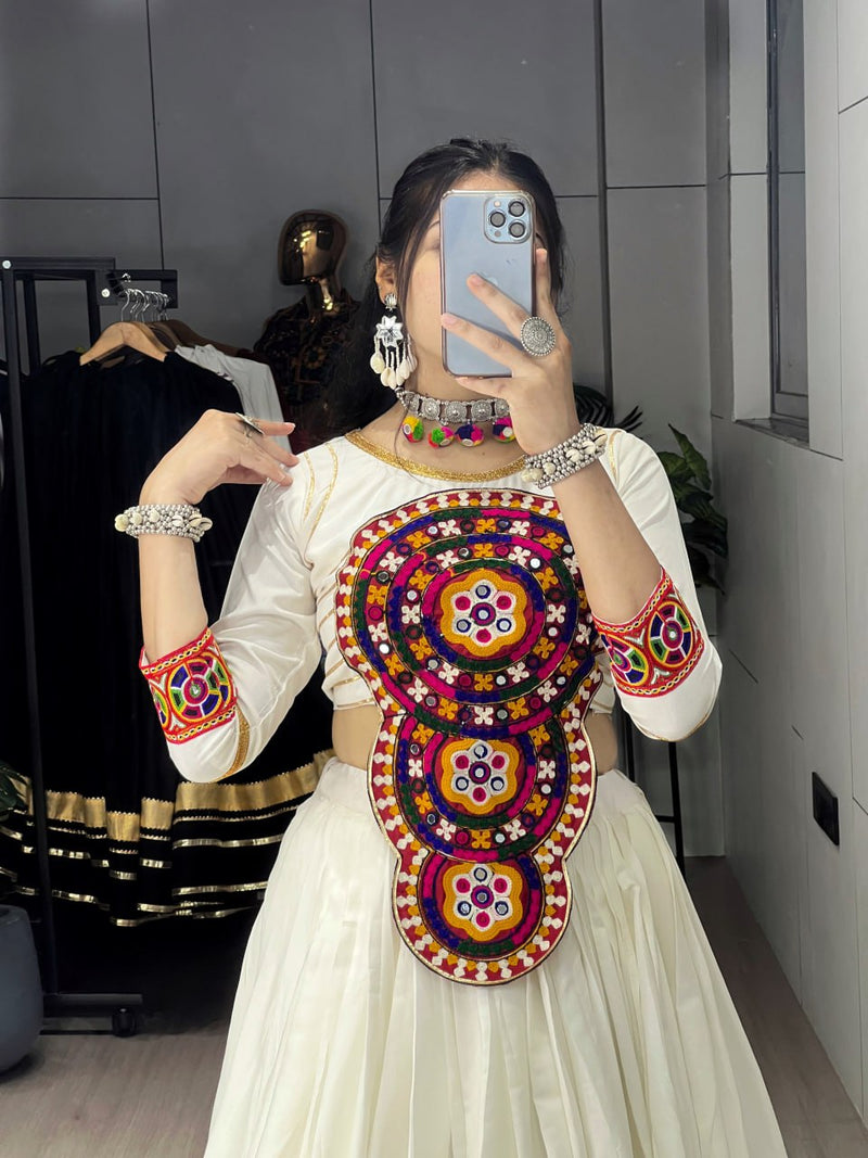 White Color Pure Rayon Cotton with Gamthi Work Navratri Lehenga Choli