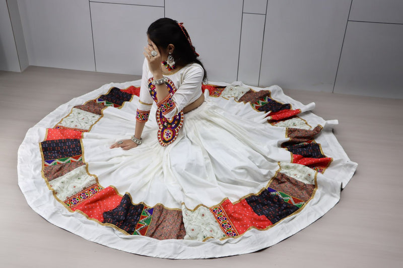 White Color Pure Rayon Cotton with Gamthi Work Navratri Lehenga Choli