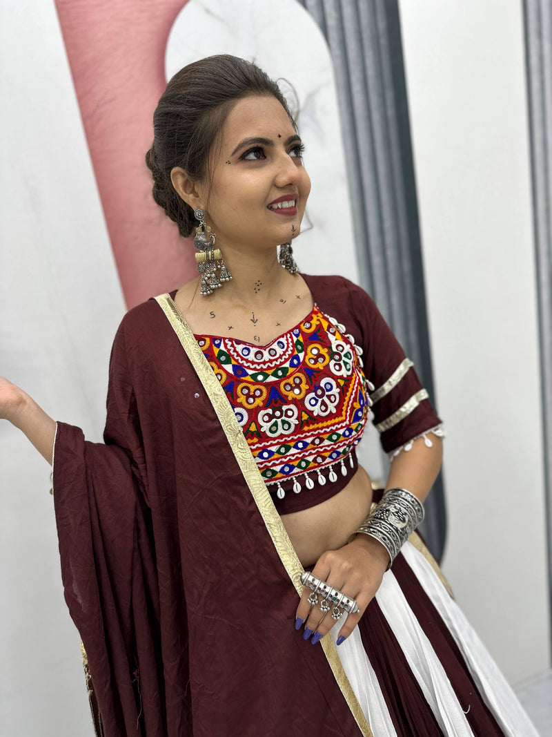 White-Maroon Color Pure Rayon Cotton with Gamthi Work Navratri Lehenga Choli