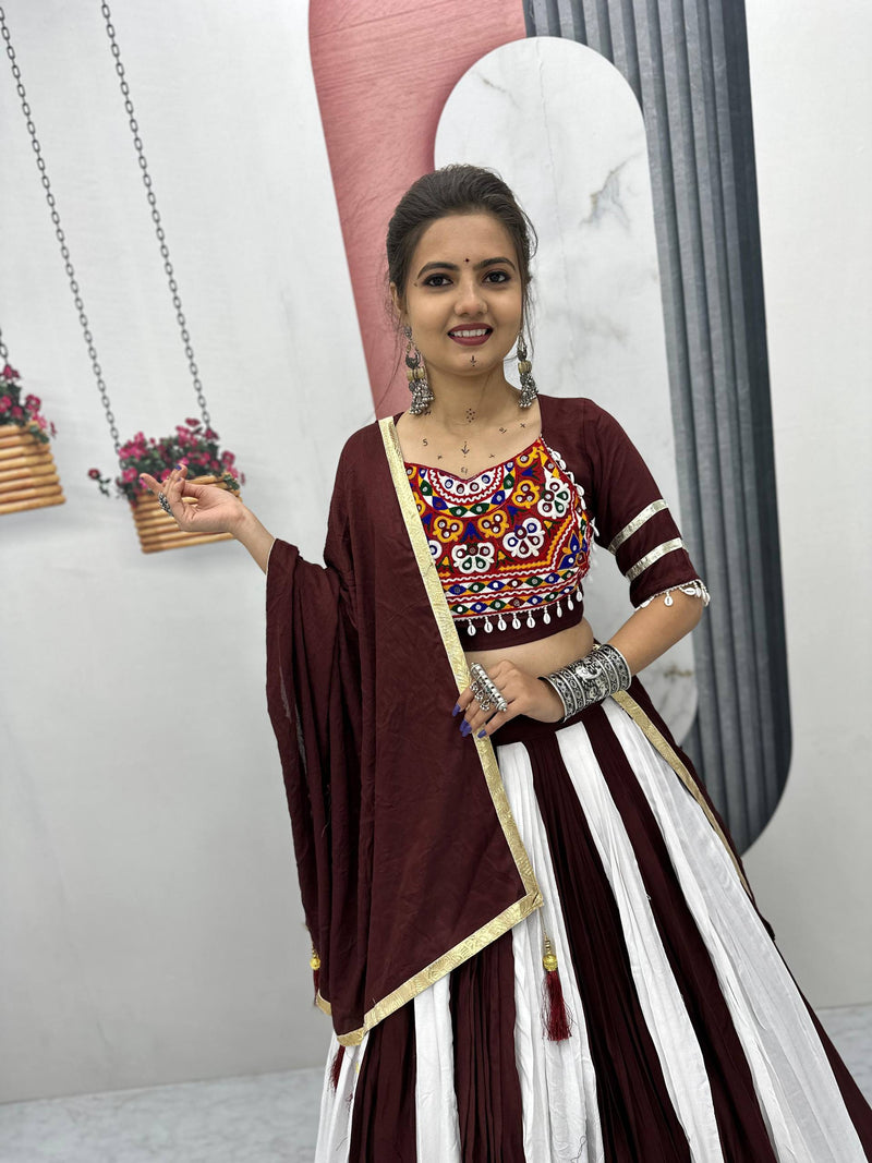 White-Maroon Color Pure Rayon Cotton with Gamthi Work Navratri Lehenga Choli