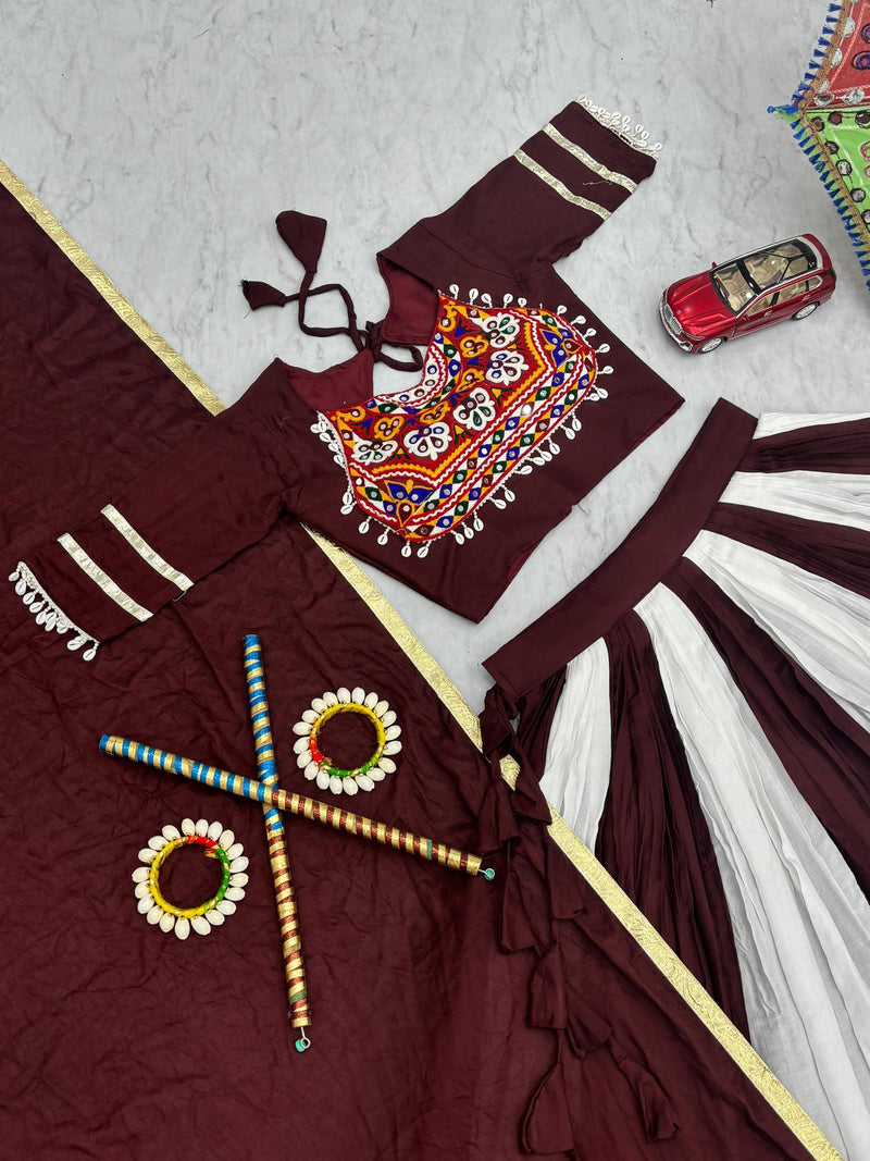 White-Maroon Color Pure Rayon Cotton with Gamthi Work Navratri Lehenga Choli