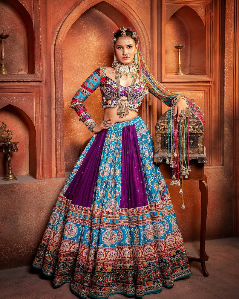Sky-Purple  Color Digital Printed Muslin Cotton Navratri Lehenga Choli