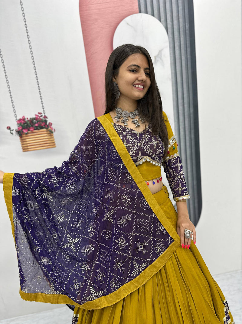 Mustard Yellow Color Pure Rayon Cotton Navratri Lehenga Choli